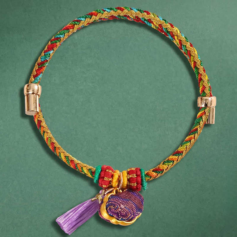 Buddha Stones Pulsera ajustable con cordón de cinco colores tejido a mano, brocado morado, candado chino, amuleto de manzana, bolsa de dinero y calabaza Zongzi. - image 1