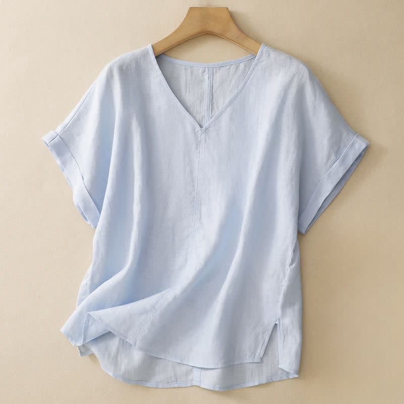 Buddha Stones Camiseta de manga corta para mujer, estilo casual de verano, minimalista, con abertura lateral y cuello en V. - Azul claro - US8-10, UK/AU12-14, EU40-42 (2XL) - image 0