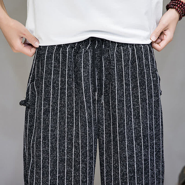 Buddha Stones Pantalones cortos de verano informales con cordón ajustable y rayas, estilo harem para hombre, con bolsillos. - image 7