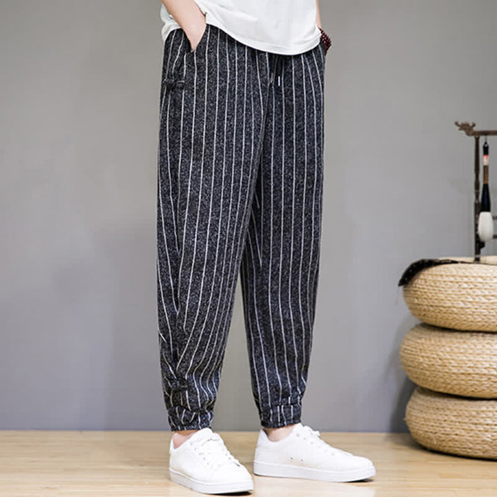 Buddha Stones Pantalones cortos de verano informales con cordón ajustable y rayas, estilo harem para hombre, con bolsillos. - image 3