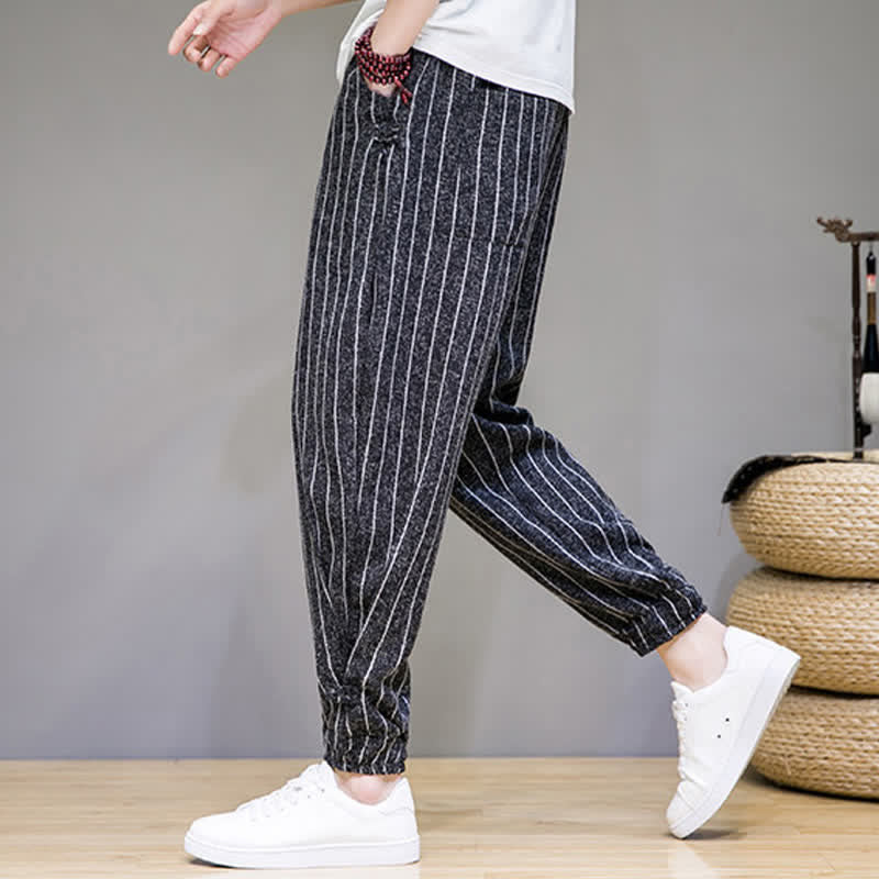 Buddha Stones Pantalones cortos de verano informales con cordón ajustable y rayas, estilo harem para hombre, con bolsillos. - image 6