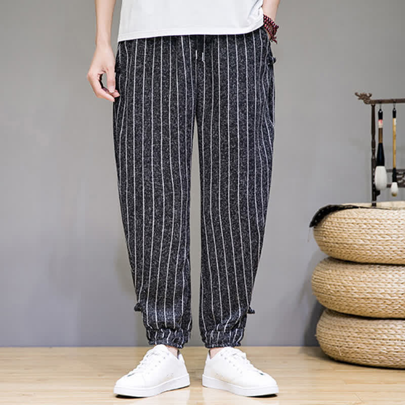 Buddha Stones Pantalones cortos de verano informales con cordón ajustable y rayas, estilo harem para hombre, con bolsillos. - image 5