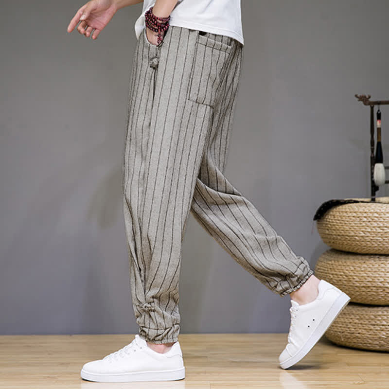 Buddha Stones Pantalones cortos de verano informales con cordón ajustable y rayas, estilo harem para hombre, con bolsillos. - image 25