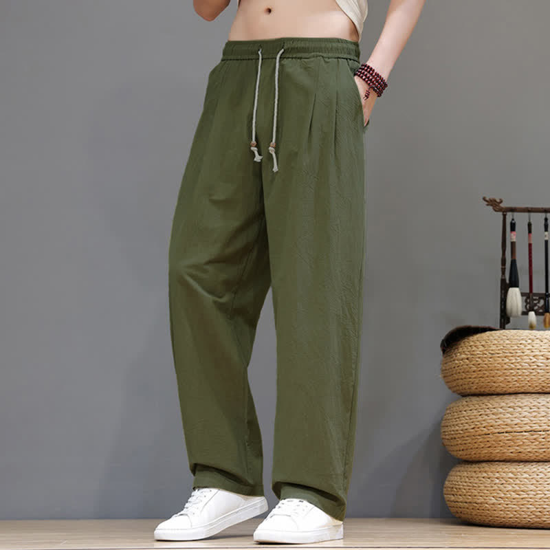 Buddha Stones Pantalones tobilleros de algodón liso estilo vintage con cordón ajustable para hombre, estilo harem, con bolsillo. - Verde oliva - US/UK/AU48, EU58 (6XL) - image 0