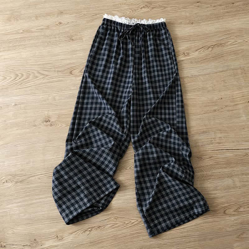 Buddha Stones Pantalones largos de algodón de estilo vintage informal de verano con cordón ajustable, estampado a cuadros y ribete de encaje, de pierna ancha y con bolsillos. - Marina de guerra - US8-10, UK/AU12-14, EU40-42 (2XL) - image 0