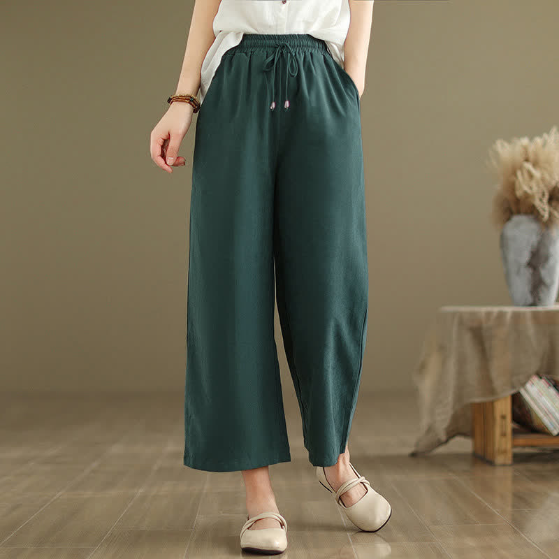 Buddha Stones Pantalones cortos de algodón liso con cordón ajustable, estilo casual de verano, estilo minimalista, para mujer, de pierna ancha y con bolsillo. - Verde bosque - US8-10, UK/AU12-14, EU40-42 (2XL) - image 0