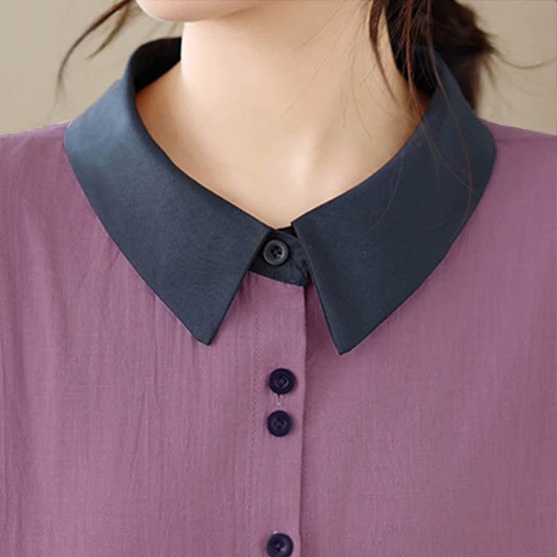 Buddha Stones Camisa elegante de verano con cuello en contraste y manga corta para mujer. - image 7