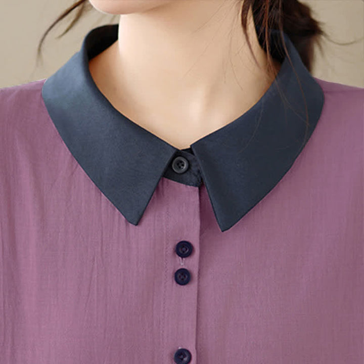 Buddha Stones Camisa elegante de verano con cuello en contraste y manga corta para mujer. - image 7