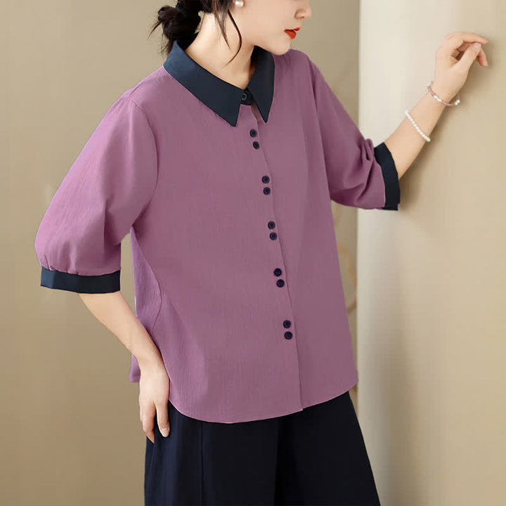 Buddha Stones Camisa elegante de verano con cuello en contraste y manga corta para mujer. - image 3