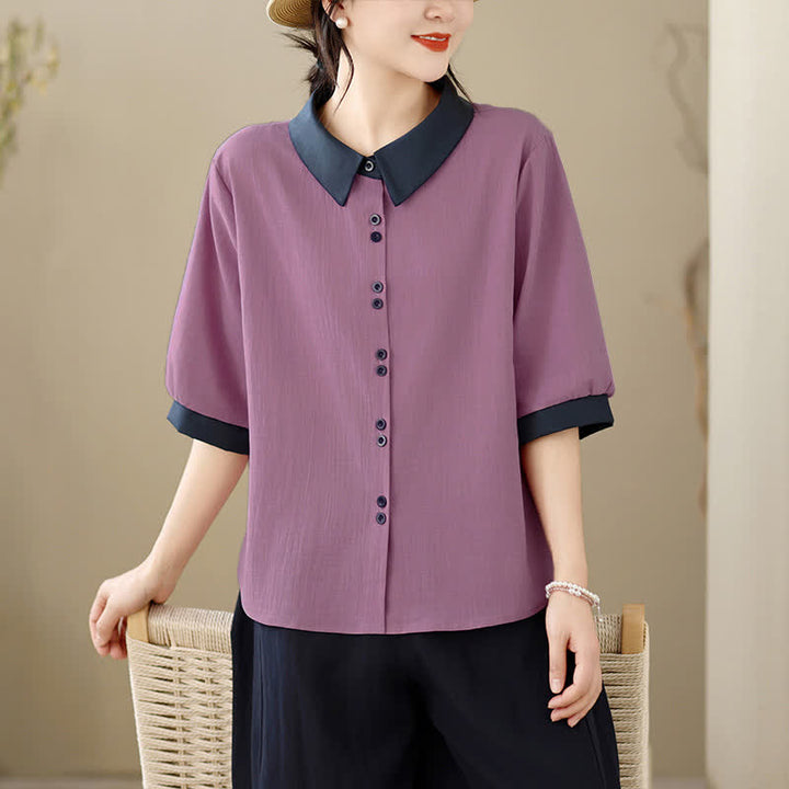 Buddha Stones Camisa elegante de verano con cuello en contraste y manga corta para mujer. - Morado medio - US8-10, UK/AU12-14, EU40-42 (2XL) - image 0