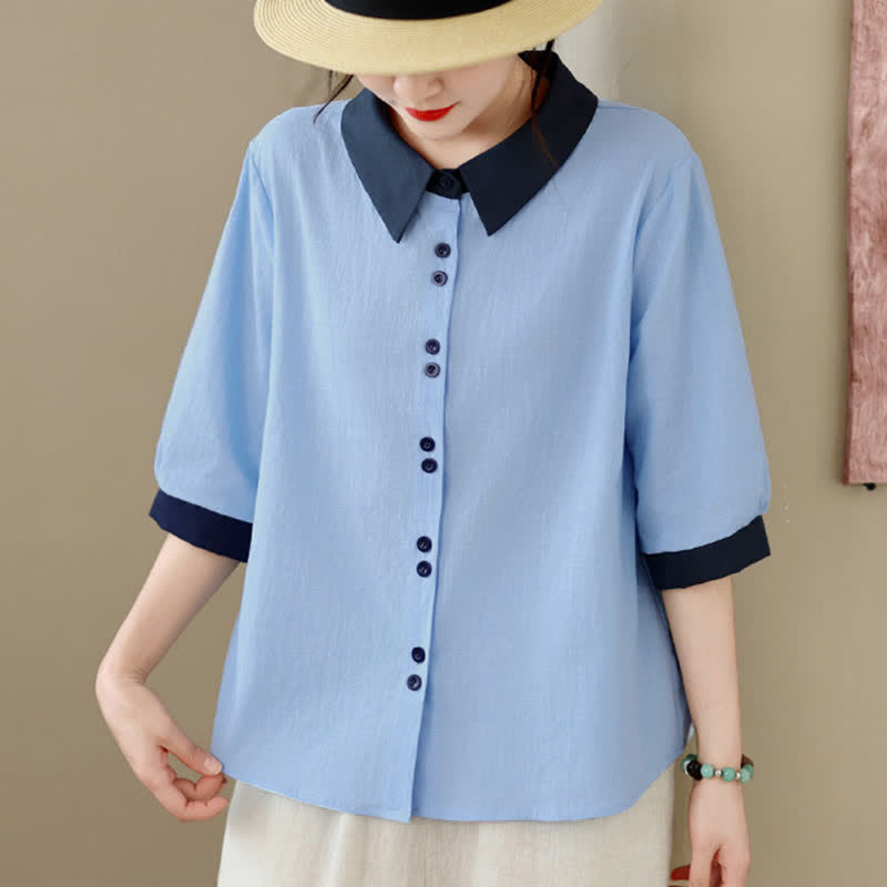 Buddha Stones Camisa elegante de verano con cuello en contraste y manga corta para mujer. - image 15