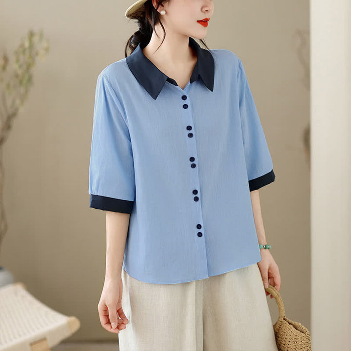 Buddha Stones Camisa elegante de verano con cuello en contraste y manga corta para mujer. - Azul cielo claro - US8-10, UK/AU12-14, EU40-42 (2XL) - image 11