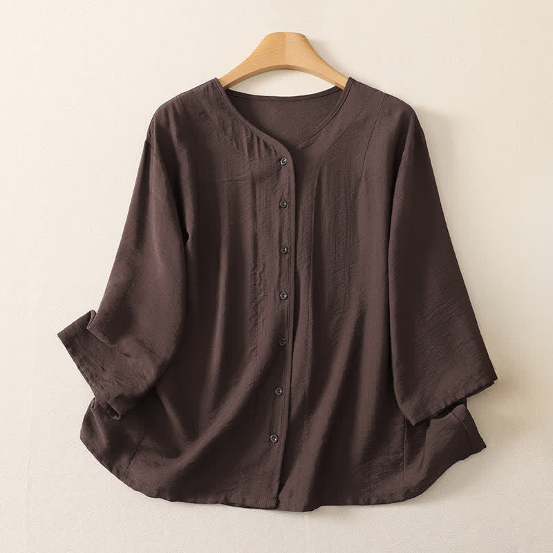 Buddha Stones Camisas de manga larga lisas con botones, estilo casual de verano para mujer. - Marrón silla de montar - US12, UK/AU16, EU44 (3XL) - image 17