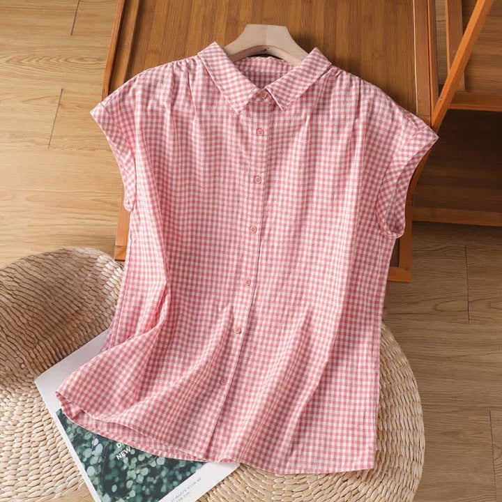 Buddha Stones Camiseta sin mangas de mujer estilo vintage informal de verano con botones y estampado a cuadros. - rosa claro - US14, UK/AU18, EU46 (2XL) - image 0