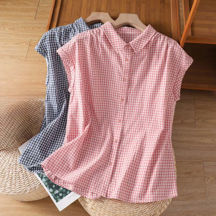Buddha Stones Camiseta sin mangas de mujer estilo vintage informal de verano con botones y estampado a cuadros. - image 13