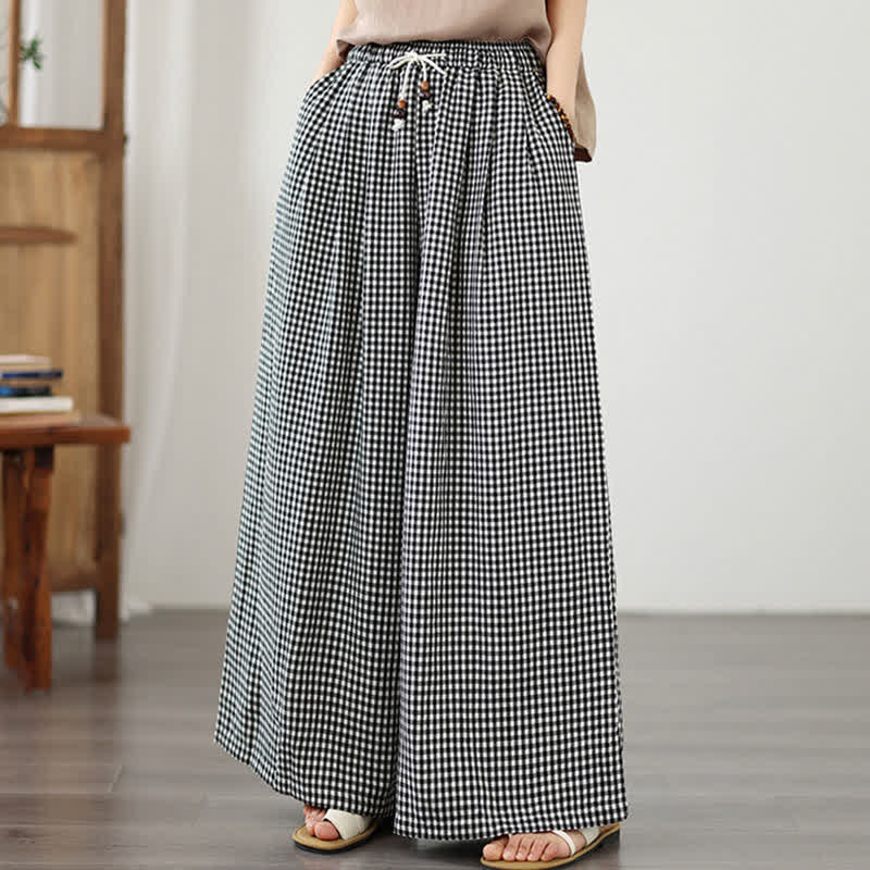 Buddha Stones Pantalones cortos de tobillo a cuadros con cordón ajustable, estilo casual de verano para mujer, de pierna ancha y con bolsillo. - image 13