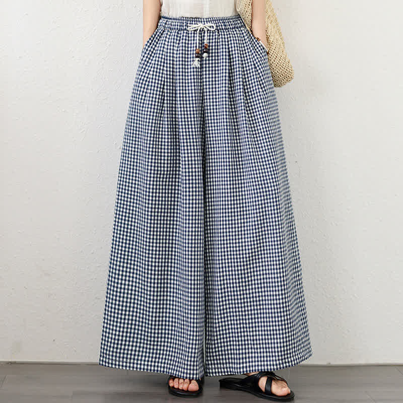 Buddha Stones Pantalones cortos de tobillo a cuadros con cordón ajustable, estilo casual de verano para mujer, de pierna ancha y con bolsillo. - image 3