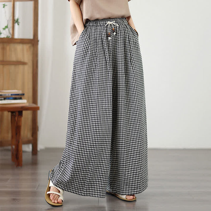 Buddha Stones Pantalones cortos de tobillo a cuadros con cordón ajustable, estilo casual de verano para mujer, de pierna ancha y con bolsillo. - image 9