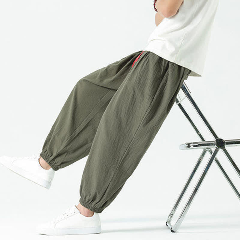 Buddha Stones Pantalones cortos de algodón liso estilo boho con cordón ajustable, estilo harem para hombre, con bolsillo. - image 34