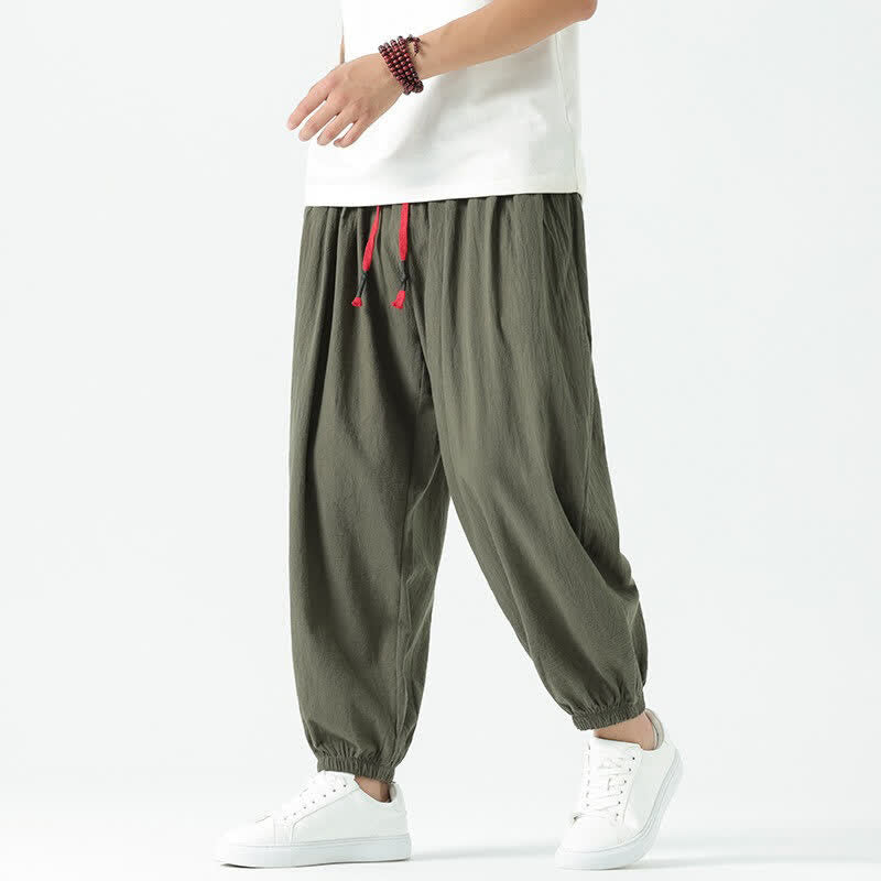 Buddha Stones Pantalones cortos de algodón liso estilo boho con cordón ajustable, estilo harem para hombre, con bolsillo. - Verde oliva oscuro - US/UK/AU46, EU56 (5XL) - image 28