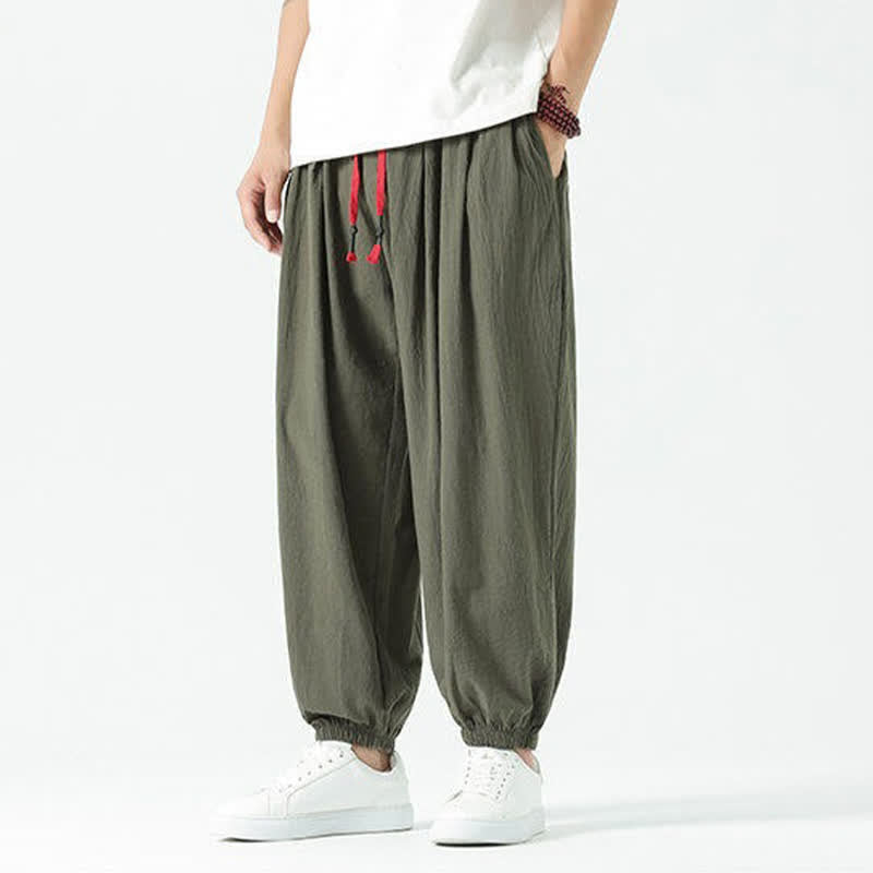 Buddha Stones Pantalones cortos de algodón liso estilo boho con cordón ajustable, estilo harem para hombre, con bolsillo. - image 32