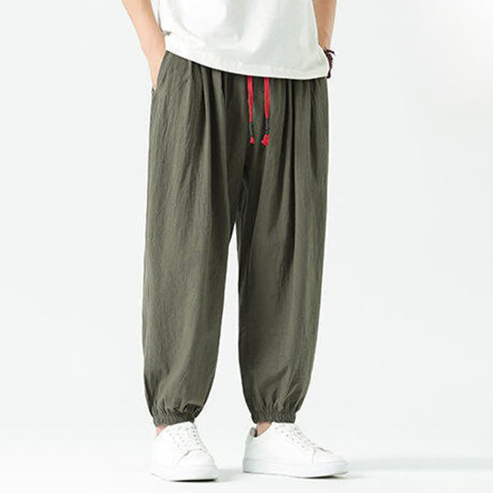 Buddha Stones Pantalones cortos de algodón liso estilo boho con cordón ajustable, estilo harem para hombre, con bolsillo. - image 31