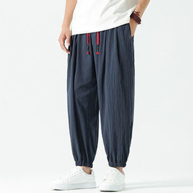 Buddha Stones Pantalones cortos de algodón liso estilo boho con cordón ajustable, estilo harem para hombre, con bolsillo. - Azul medianoche - US/UK/AU46, EU56 (5XL) - image 45