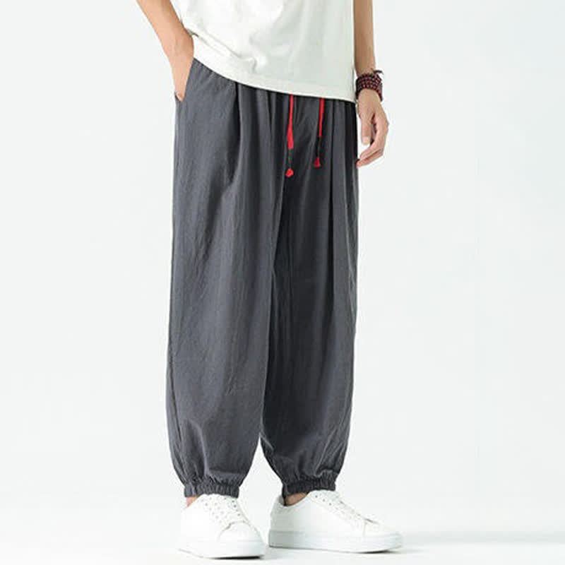 Buddha Stones Pantalones cortos de algodón liso estilo boho con cordón ajustable, estilo harem para hombre, con bolsillo. - image 43