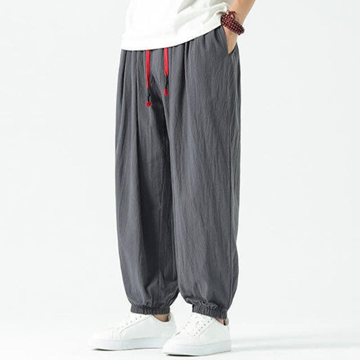 Buddha Stones Pantalones cortos de algodón liso estilo boho con cordón ajustable, estilo harem para hombre, con bolsillo. - image 37