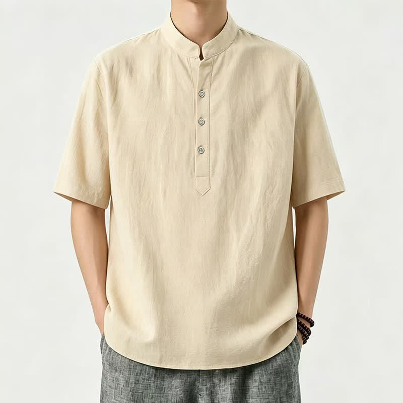 Buddha Stones Camisas de manga corta para hombre, estilo casual de verano, con cuello mandarín y color liso. - Caqui - US/UK/AU46, EU56 (5XL) - image 0