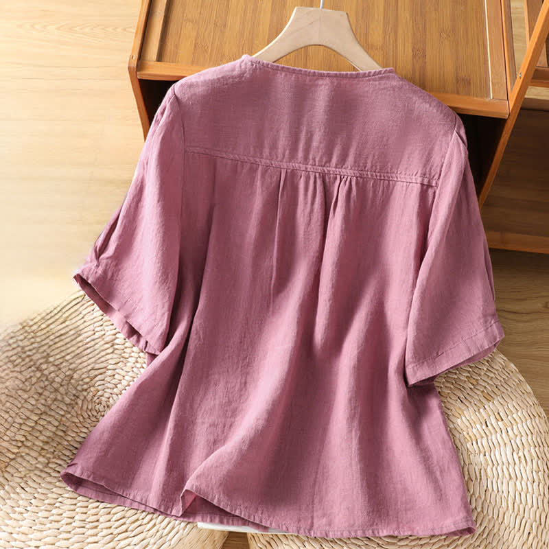 Buddha Stones Camisa de manga corta para mujer, estilo casual de verano, minimalista, con botones y bolsillo de parche. - image 1