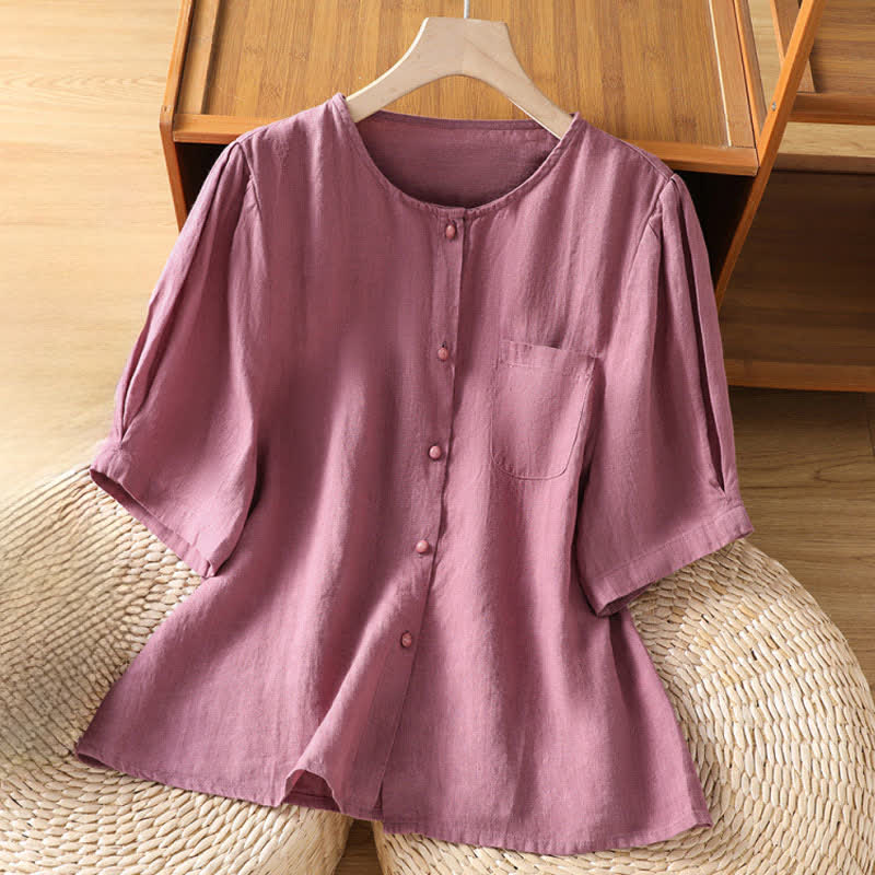 Buddha Stones Camisa de manga corta para mujer, estilo casual de verano, minimalista, con botones y bolsillo de parche. - Marrón rosado - US8-10, UK/AU12-14, EU40-42 (2XL) - image 0