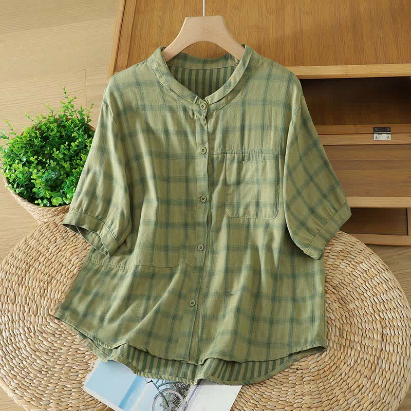 Buddha Stones Camisas de manga corta para mujer, estilo casual veraniego vintage a cuadros, con bolsillo de parche. - Verde amarillento - US12, UK/AU16, EU44 (XL) - image 0