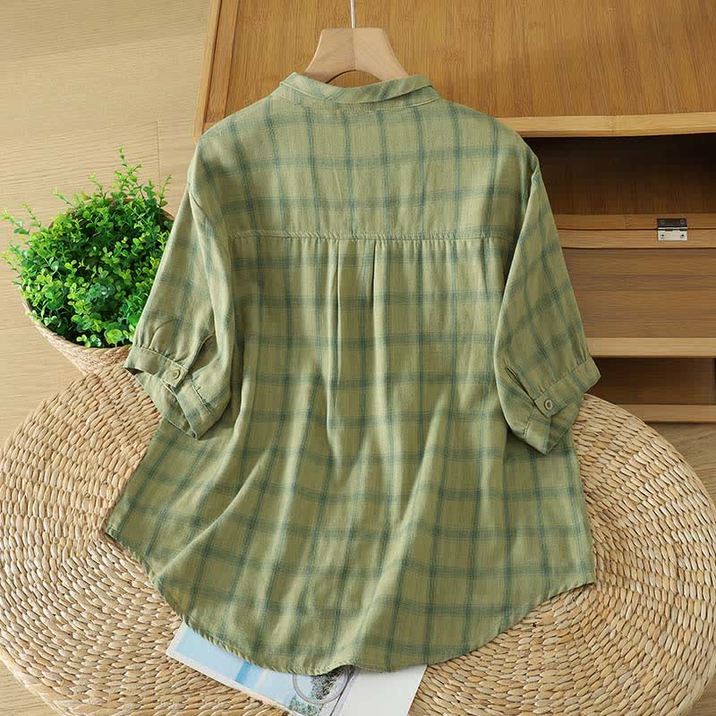 Buddha Stones Camisas de manga corta para mujer, estilo casual veraniego vintage a cuadros, con bolsillo de parche. - image 1