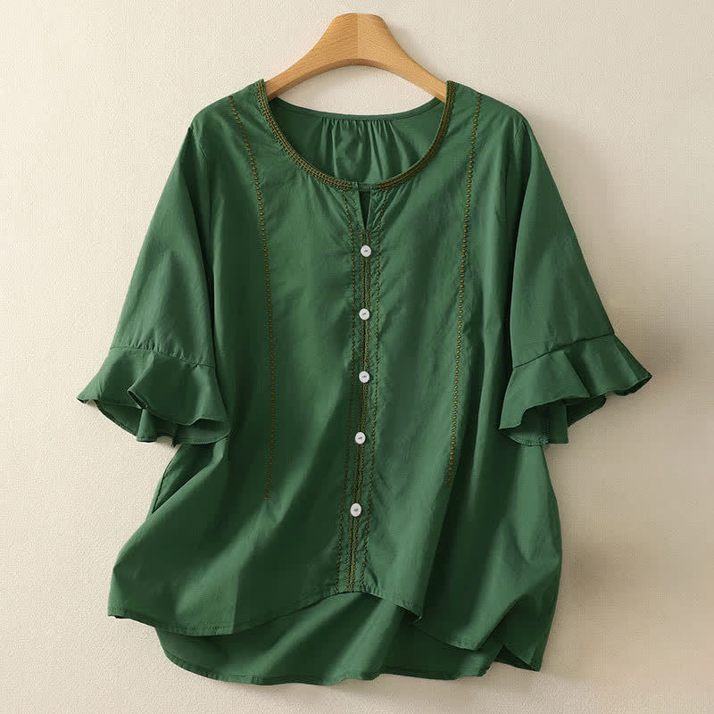 Buddha Stones Camisa de manga corta para mujer, estilo bohemio casual de verano, con botones, color liso y volantes, manga acampanada. - Verde bosque - US12, UK/AU16, EU44 (2XL) - image 0