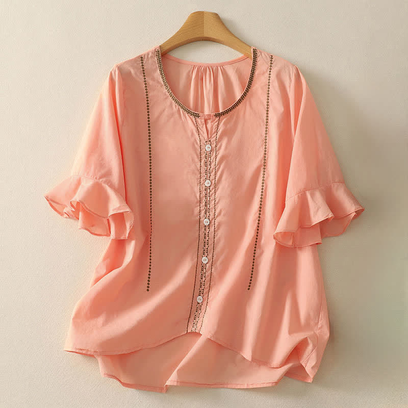 Buddha Stones Camisa de manga corta para mujer, estilo bohemio casual de verano, con botones, color liso y volantes, manga acampanada. - Salmón claro - US12, UK/AU16, EU44 (2XL) - image 10