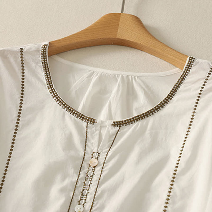 Buddha Stones Camisa de manga corta para mujer, estilo bohemio casual de verano, con botones, color liso y volantes, manga acampanada. - image 18