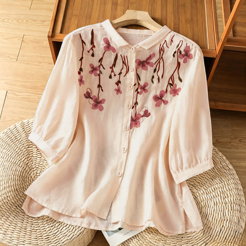 Buddha Stones Camisas de manga corta para mujer con bordado floral estilo vintage para verano - PeachPuff - US8-10, UK/AU12-14, EU40-42 (2XL) - image 0