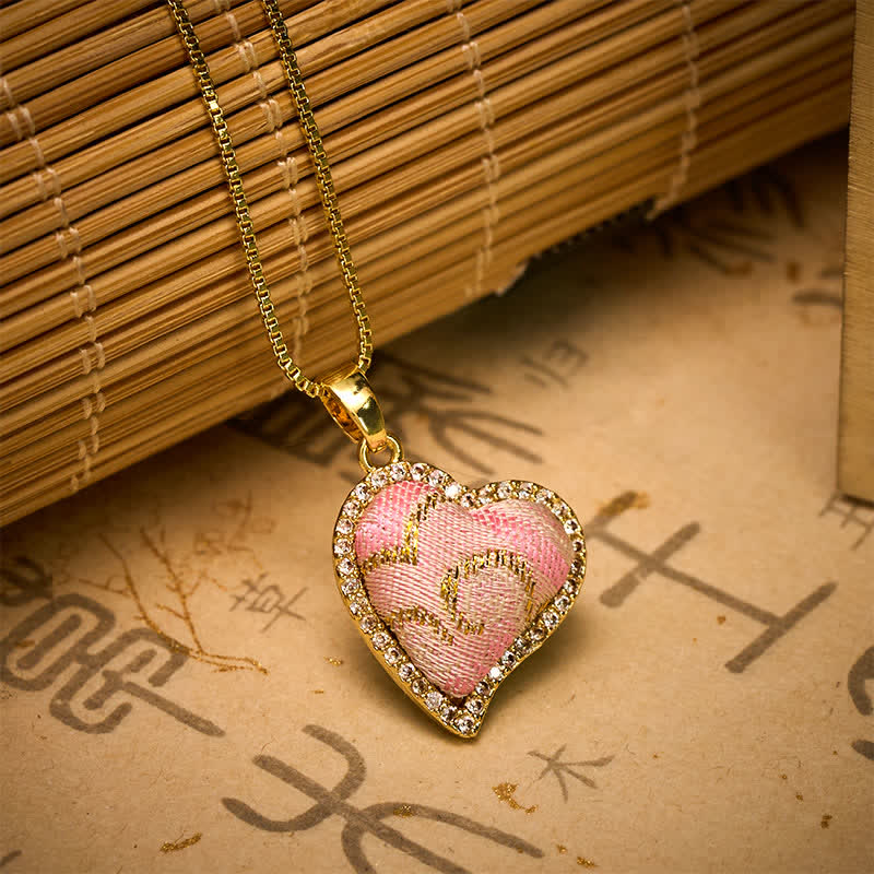 Buddha Stones Collar de conexión armónica con corazón giratorio de cobre y trébol de cuatro hojas incrustado en brocado rosa. - image 10