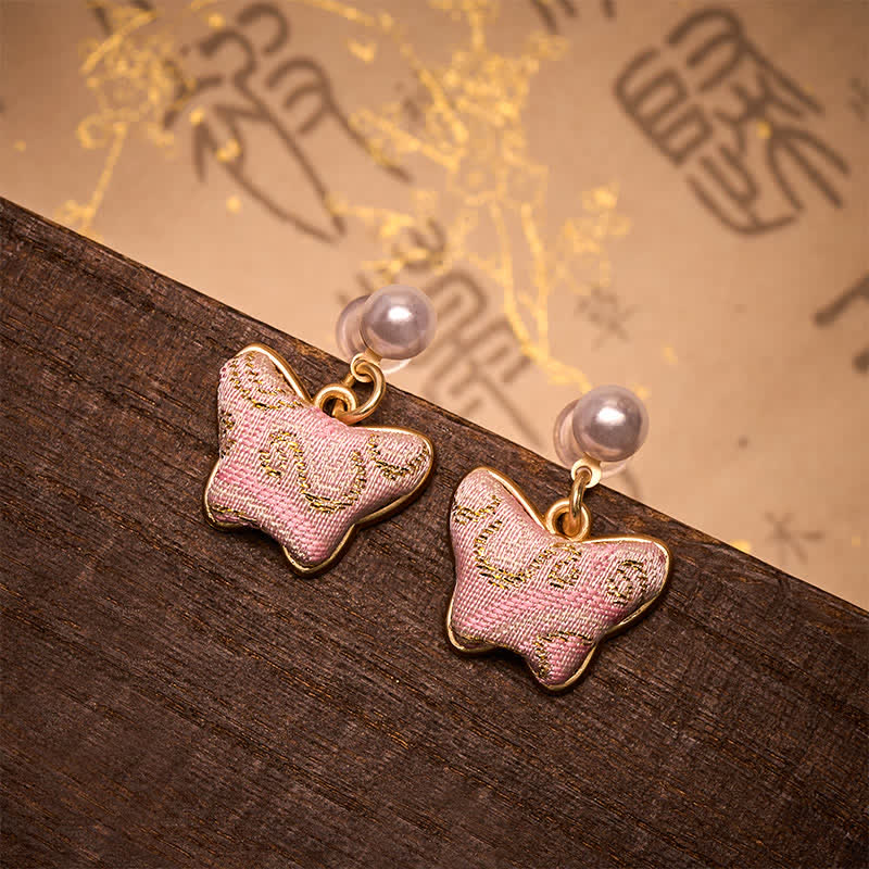 Buddha Stones Pendientes de estilo chino vintage con perlas brocadas y mariposas, diseño Song Brocade, estilo vintage. - Mariposa (mismo tono de color, el estampado varía) - image 0
