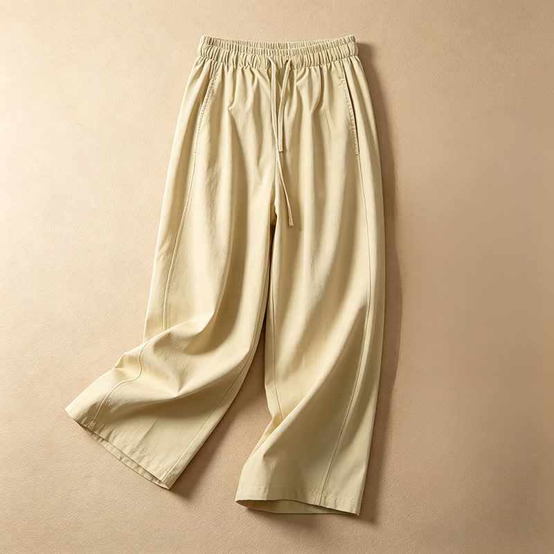 Buddha Stones Pantalones de verano informales minimalistas con cordón ajustable, color liso, hasta el tobillo, para mujer, pierna ancha, con bolsillo. - vara de oro pálida - US8-10, UK/AU12-14, EU40-42 (2XL) - image 0