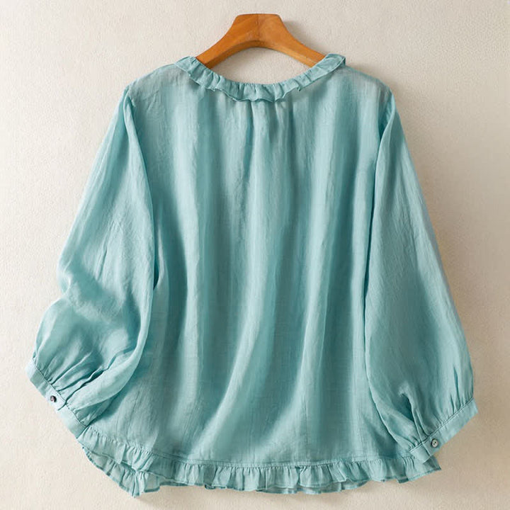Buddha Stones Camisa de manga larga para mujer, estilo casual veraniego, vintage, con botones, cuello redondo y volantes. - image 1