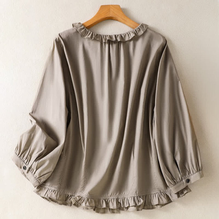 Buddha Stones Camisa de manga larga para mujer, estilo casual veraniego, vintage, con botones, cuello redondo y volantes. - image 9