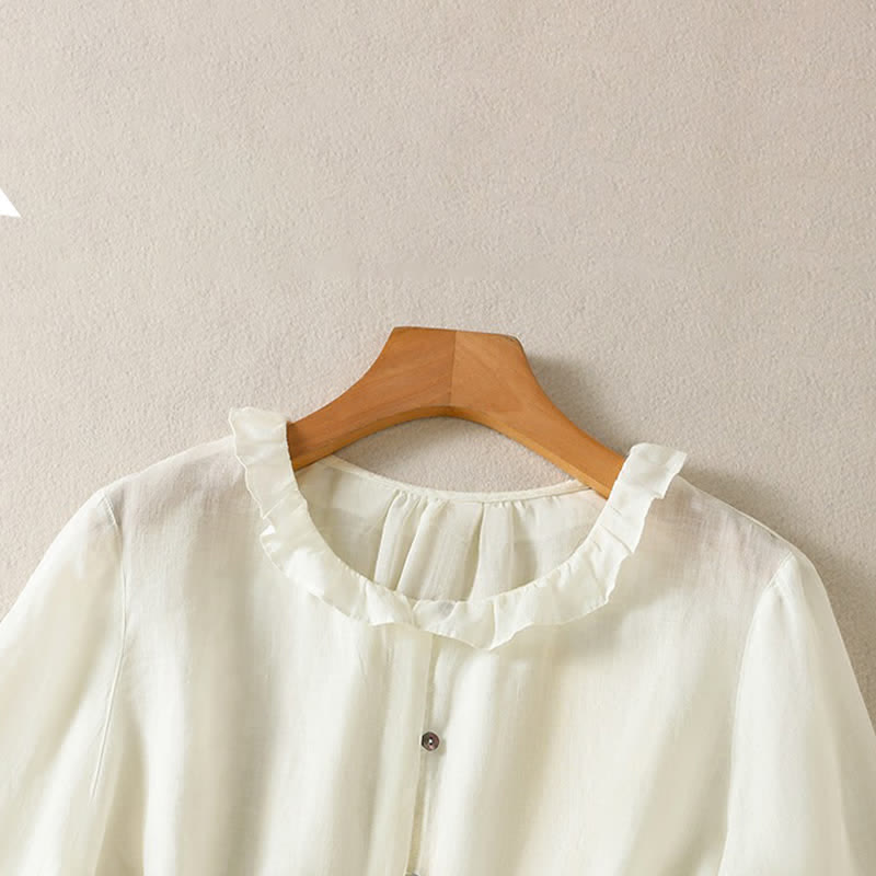 Buddha Stones Camisa de manga larga para mujer, estilo casual veraniego, vintage, con botones, cuello redondo y volantes. - image 18