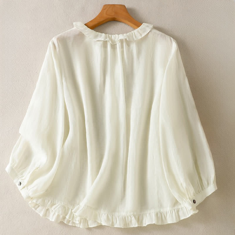 Buddha Stones Camisa de manga larga para mujer, estilo casual veraniego, vintage, con botones, cuello redondo y volantes. - image 17