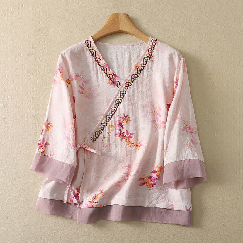 Buddha Stones Camiseta de manga tres cuartos para mujer con cuello en V y bordado floral estilo Tang vintage de verano - Rubor lavanda - US8-10, UK/AU12-14, EU40-42 (2XL) - image 0