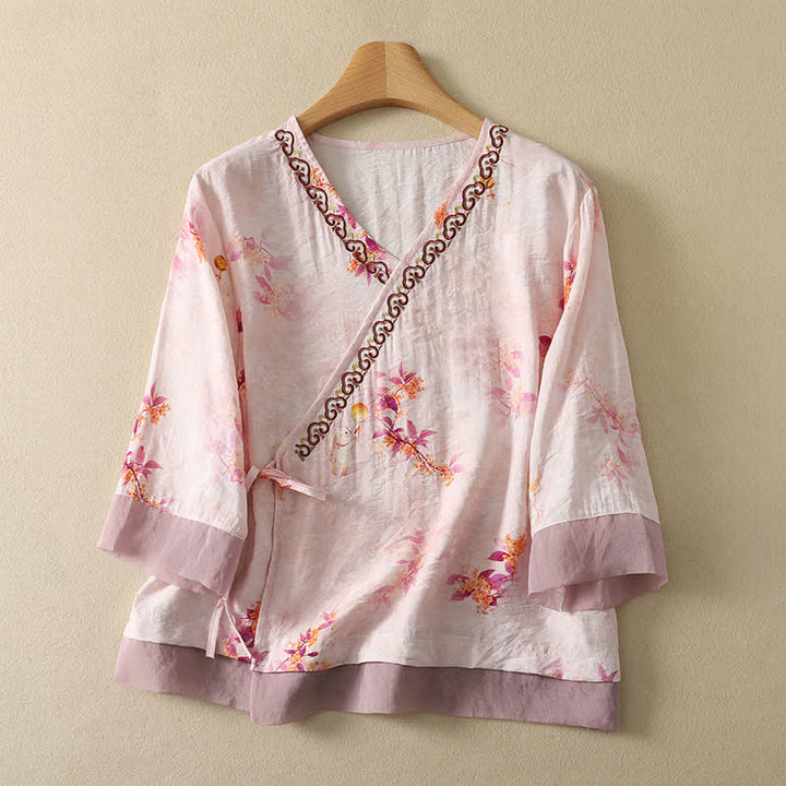 Buddha Stones Camiseta de manga tres cuartos para mujer con cuello en V y bordado floral estilo Tang vintage de verano - Rubor lavanda - US8-10, UK/AU12-14, EU40-42 (2XL) - image 0