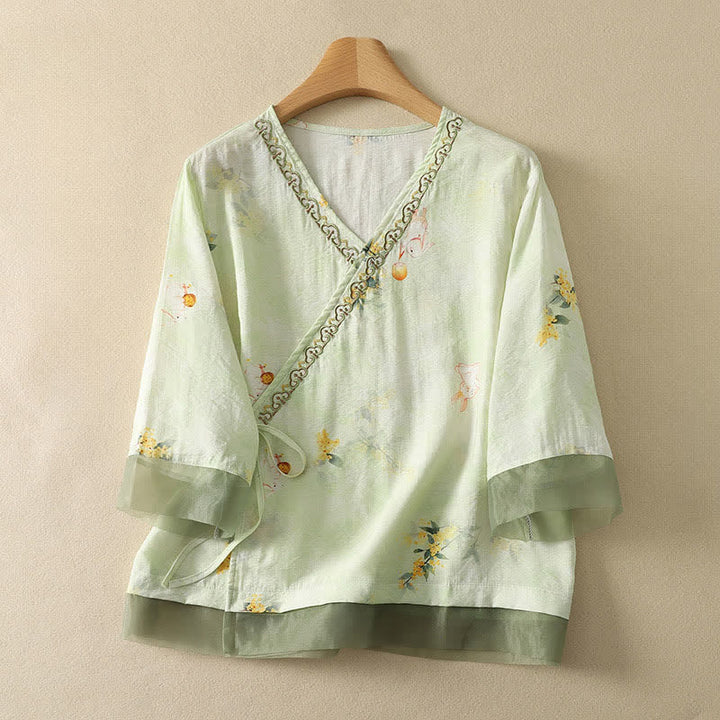 Buddha Stones Camiseta de manga tres cuartos para mujer con cuello en V y bordado floral estilo Tang vintage de verano - Verde pálido - US8-10, UK/AU12-14, EU40-42 (2XL) - image 9