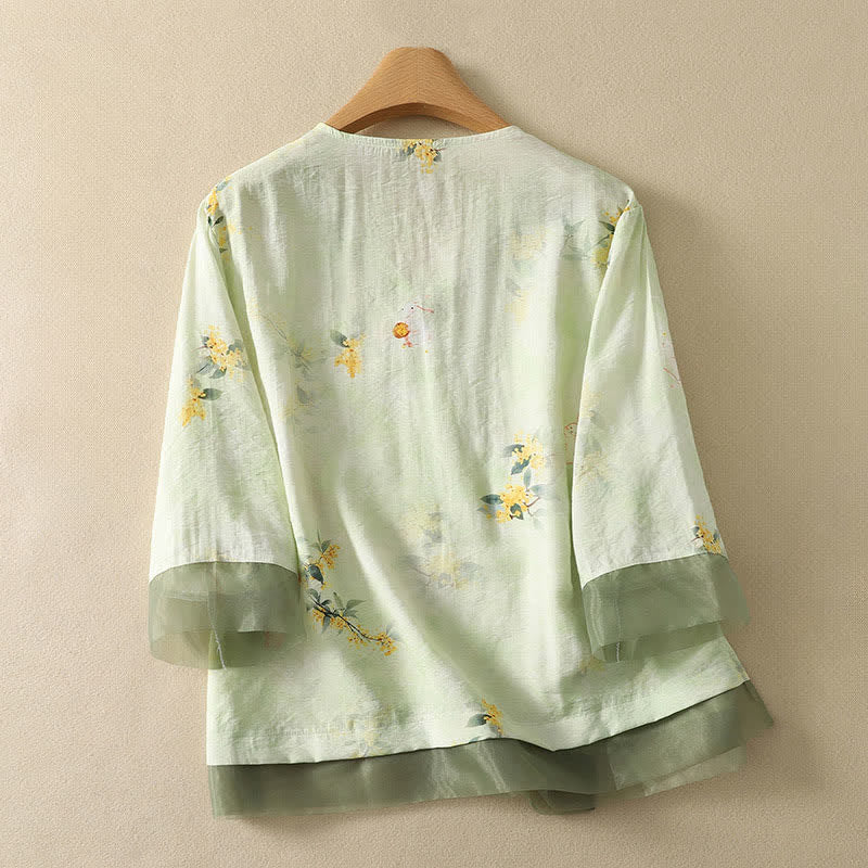 Buddha Stones Camiseta de manga tres cuartos para mujer con cuello en V y bordado floral estilo Tang vintage de verano - image 10