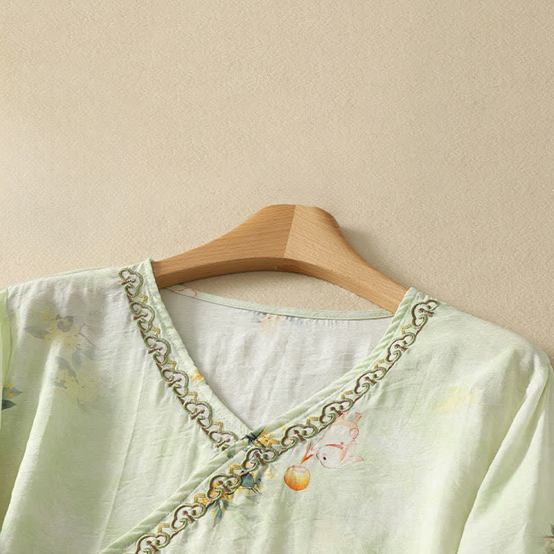 Buddha Stones Camiseta de manga tres cuartos para mujer con cuello en V y bordado floral estilo Tang vintage de verano - image 11